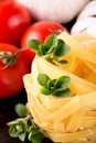 Three stigs of oregano on portion of fettuccine pasta