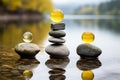 three stones stacked on top of each other in water