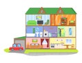 Three-storie house model cross section. Rooms with furniture, detailed interior. Flat vector illustration, isolated on