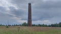 Three storks are standing in a nest built on an old red brick chimney, which is located in the middle of a grass meadow, behind wh Royalty Free Stock Photo