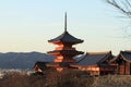 Three-story pagoda of Kiyomizu dera in Kyoto evening scene