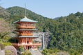 Three-story pagoda with Nachi Falls at Seigantoji Temple in Nachikatsuura, Wakayama, Japan. It is