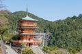 Three-story pagoda with Nachi Falls at Seigantoji Temple in Nachikatsuura, Wakayama, Japan. It is