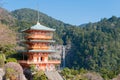 Three-story pagoda with Nachi Falls at Seigantoji Temple in Nachikatsuura, Wakayama, Japan. It is