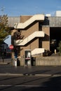 Three-story tan-colored building with a wide exterior staircase in Middlesbrough, United Kingdom