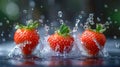 Three strawberries are being splashed with water