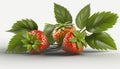 three strawberries with green leaves on a white background with a shadow.