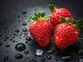 Three strawberries are sitting on a black surface Royalty Free Stock Photo