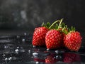 Three strawberries are sitting on a black surface with water droplets Royalty Free Stock Photo