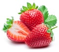 Three strawberries with strawberry leaf on white background. Royalty Free Stock Photo