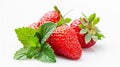 Three strawberries with strawberry leaf on white background. Ai Generative Royalty Free Stock Photo