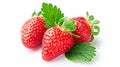 Three strawberries with strawberry leaf on white background. Ai Generative Royalty Free Stock Photo