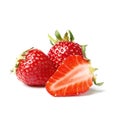 Three strawberries with strawberry leaf on white background