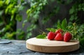 Three Strawberries on a Wooden Plate on a Table Royalty Free Stock Photo