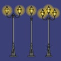 Three streetlight vintage lamps shine at nigh