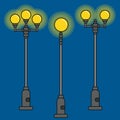 Three streetlight vintage lamps shine at nigh