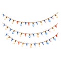 Three strings of lights with red white and blue pennant flags on a white background hanging down Royalty Free Stock Photo