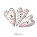 three striped stitched soft XOXO hearts Isolated on white background. Watercolor valentines day clipart.