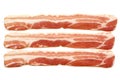 Three strips of streaky uncooked bacon.