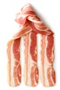 Three strips of streaky uncooked bacon.