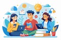 Three students collaborate while studying online, using laptops and books in a colorful environment, students study on the Royalty Free Stock Photo