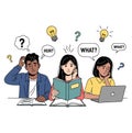Three students confused with books and laptop surrounded by question marks and lightbulbs Royalty Free Stock Photo