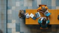 Students collaborating on laptops at a table in a bright study area during the afternoon at a university library Royalty Free Stock Photo