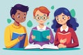 Three students are engaged in studying with books, sharing ideas in a lively and focused atmosphere, Three students are studying Royalty Free Stock Photo