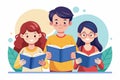 Three students happily read their books together in a bright classroom, sharing the joy of learning Students reading a book, Royalty Free Stock Photo