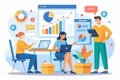 Three students inputting data and analyzing charts while collaborating in a classroom environment, Students input data trending Royalty Free Stock Photo