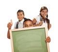 Three Students with Thumbs Up Holding Blank Chalk Board on White