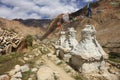 Three stupas outside a Tibetian village in Ladakh. Cultural trekking trip concept image.