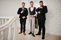 Three stylish bearded man well dressed posed. Musician band guys Royalty Free Stock Photo