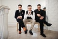 Three stylish bearded man well dressed posed. Musician band guys Royalty Free Stock Photo