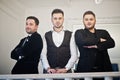 Three stylish bearded man well dressed posed. Musician band guys Royalty Free Stock Photo