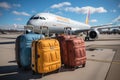 Three stylish colored suitcases standing in an empty airport