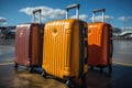 Three stylish colored suitcases standing in an empty airport