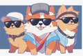 Three stylish dogs in clothes and sunglasses pose on stage, painted picture with paints. AI Generated