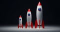 Three Stylized Rockets in Increasing Size on a Dark Background spaceship space Royalty Free Stock Photo