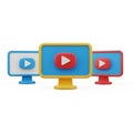 Three stylized computer monitors displaying play buttons on white background screen television Royalty Free Stock Photo