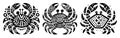 Three stylized crab illustrations in black and white, showcasing intricate patterns and designs Royalty Free Stock Photo