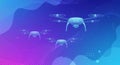 Three stylized drones fly against a digital background blending shades of blue and Royalty Free Stock Photo