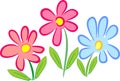 Three stylized flowers with pink and blue petals and green leaves