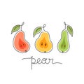 Three stylized pears, freehand lettering. Horizontal print, poster, stamp, label. Drawing with black one continuous line. Hand