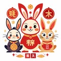 Three stylized rabbits with decorative elements in red, gold, and beige colors Royalty Free Stock Photo