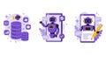 Three stylized robotic illustrations feature purple and yellow accents. The first