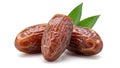 Three Succulent Dried Dates with Glossy Wrinkled Skin and Fresh Green Leaves on White Royalty Free Stock Photo