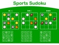 Three sudoku grids with cartoon sports balls