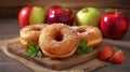 Three sugar-dusted apple cider donuts on a wooden board, with mint leaves and apples Royalty Free Stock Photo
