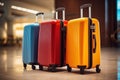 Three suitcases in airport lobby. Background with selective focus and copy space